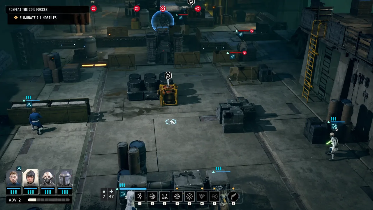 Combat screen during an Eliminate All Hostiles objective with the squad engaging enemies