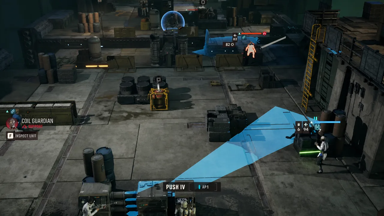 Blue movement path leading toward an orange-highlighted enemy during a push action