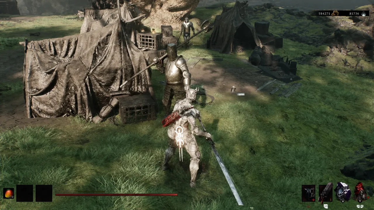 Locked onto an armored enemy in a camp, moments before triggering a spinning melee ability