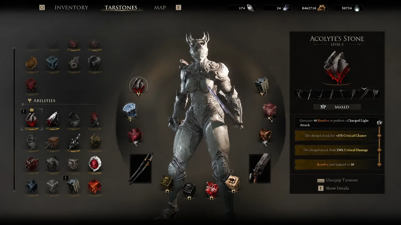Acolyte's Stone selected in the Tarstones menu with its level 3 effects listed