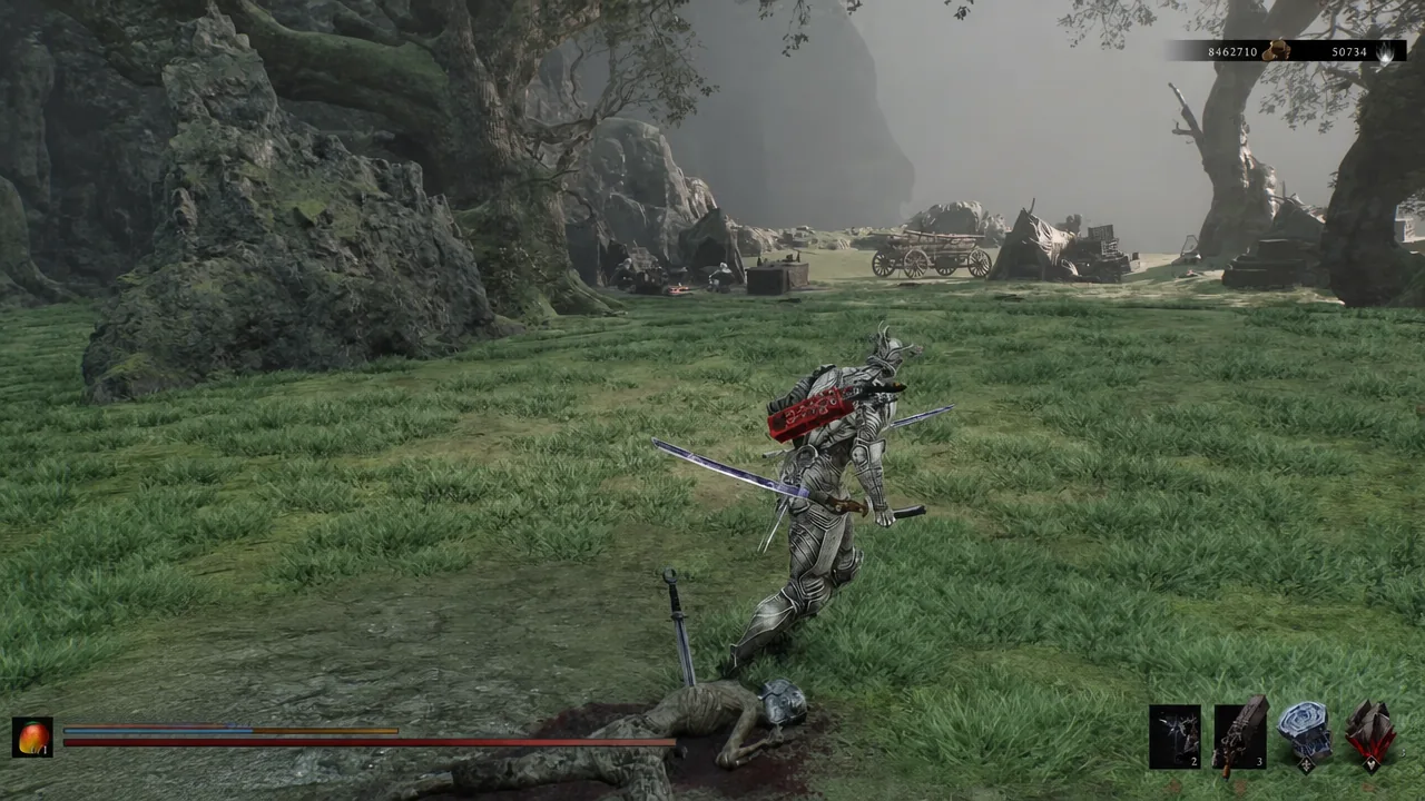 Player character striking a downed enemy with the combat HUD and equipped weapon slots visible