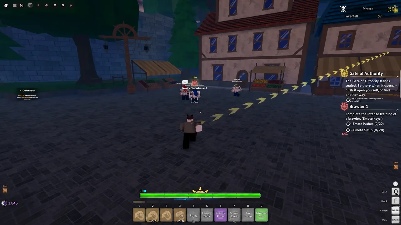 Yellow dotted waypoint arrows on the ground guiding the player through Anchor Town