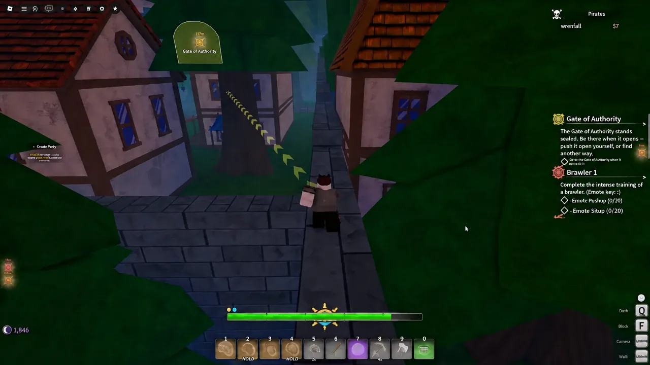 Anchor Town street view in Grand Blue with the player heading toward the town's upper area