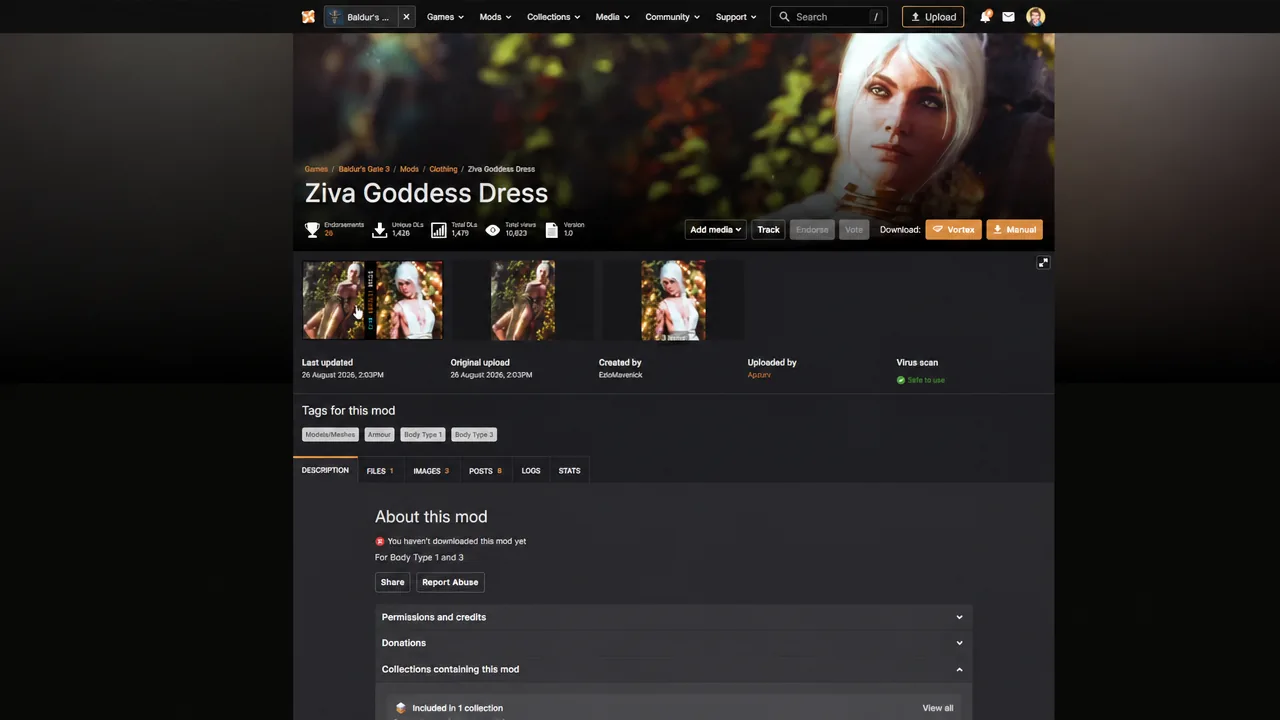Ziva Goddess Dress mod page open on the description tab with download controls
