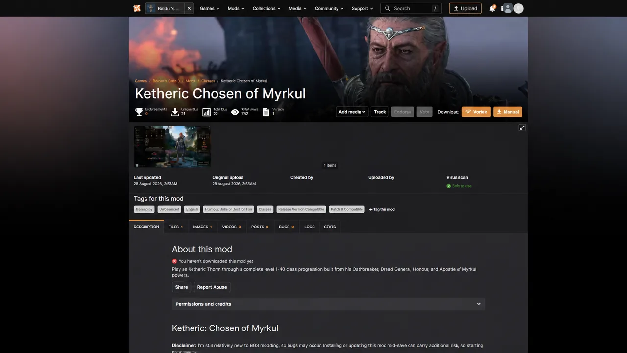 Ketheric Chosen of Myrkul mod page open on its description tab