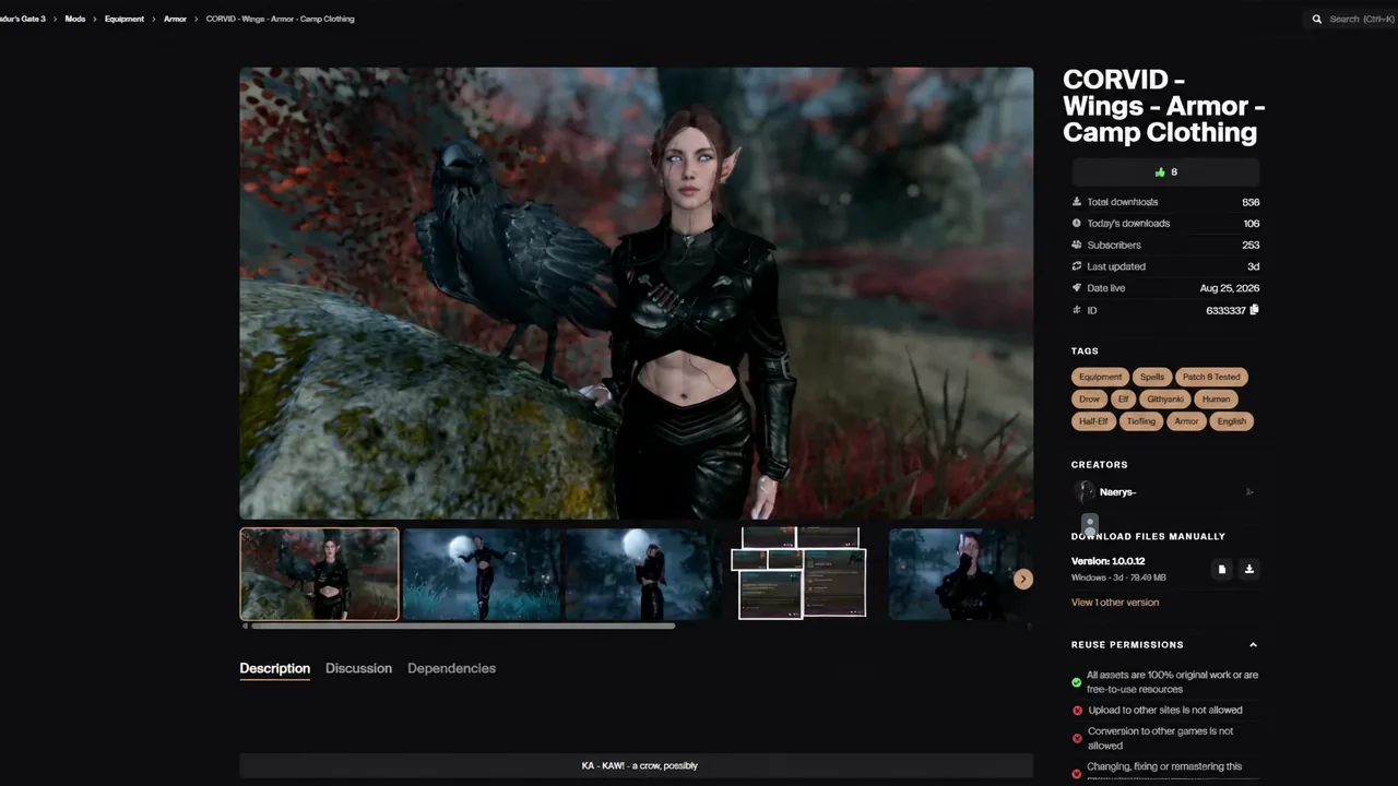 CORVID wings, armor and camp clothing mod page with its preview gallery visible
