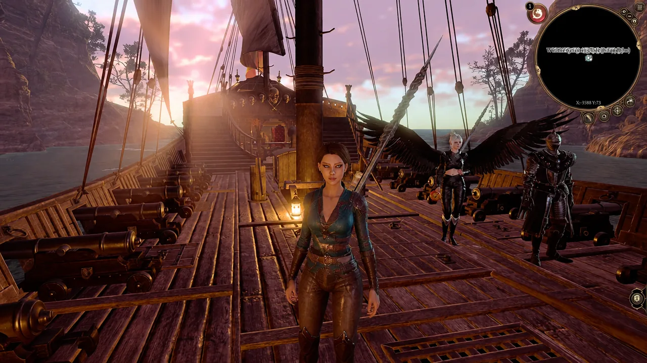 Party standing on a modded pirate ship deck in Baldur's Gate 3