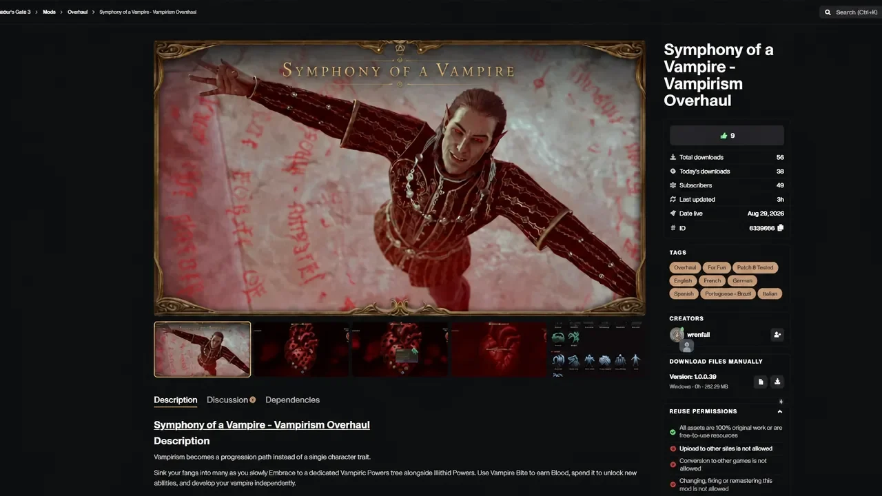 Symphony of a Vampire vampirism overhaul mod page showing its description tab