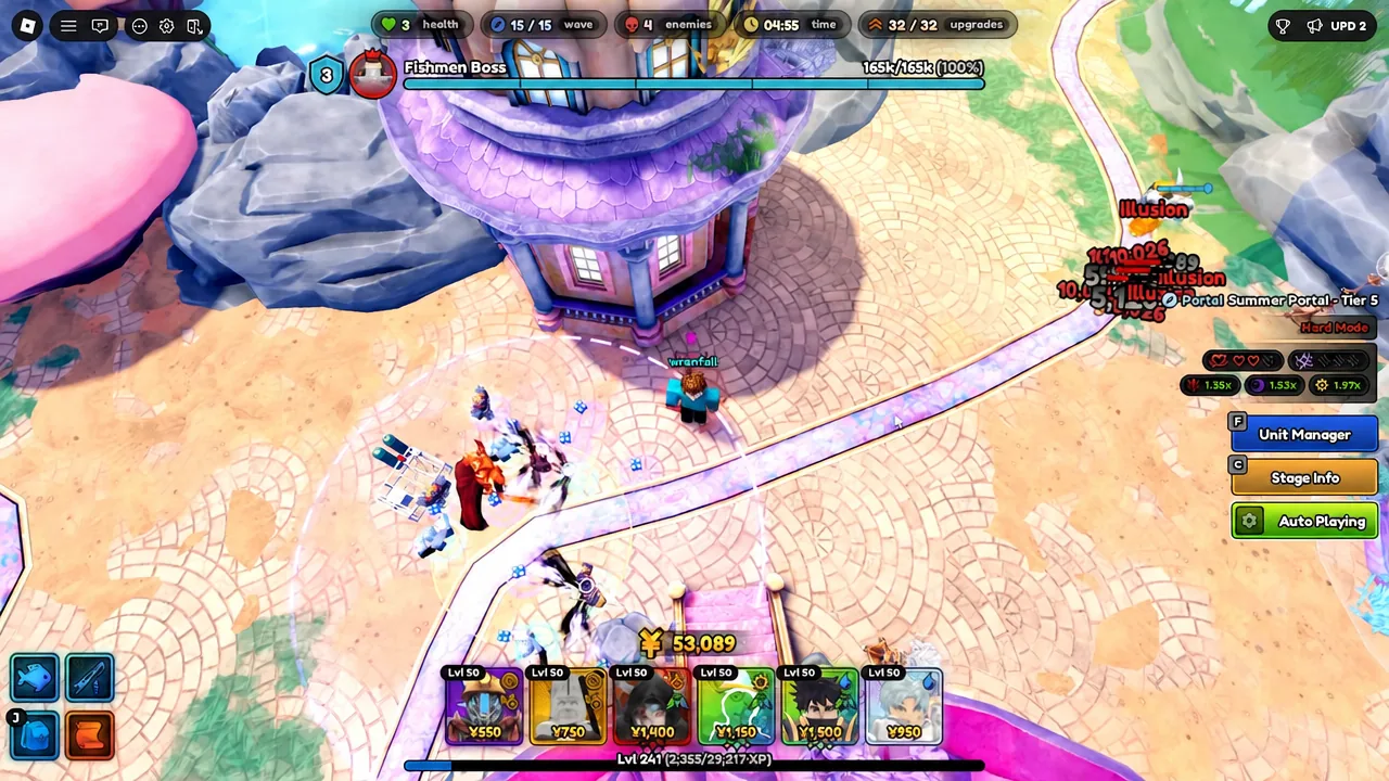 Anime Expeditions match with the Auto Playing indicator on screen during the Fitmen Boss fight