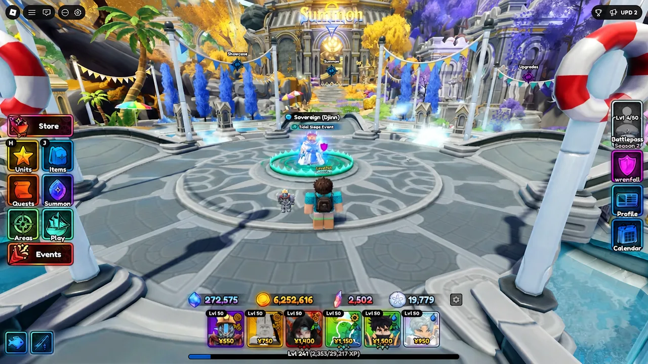 Anime Expeditions lobby with the Summon button on the left and the Sovereign (Djinn) event pedestal ahead