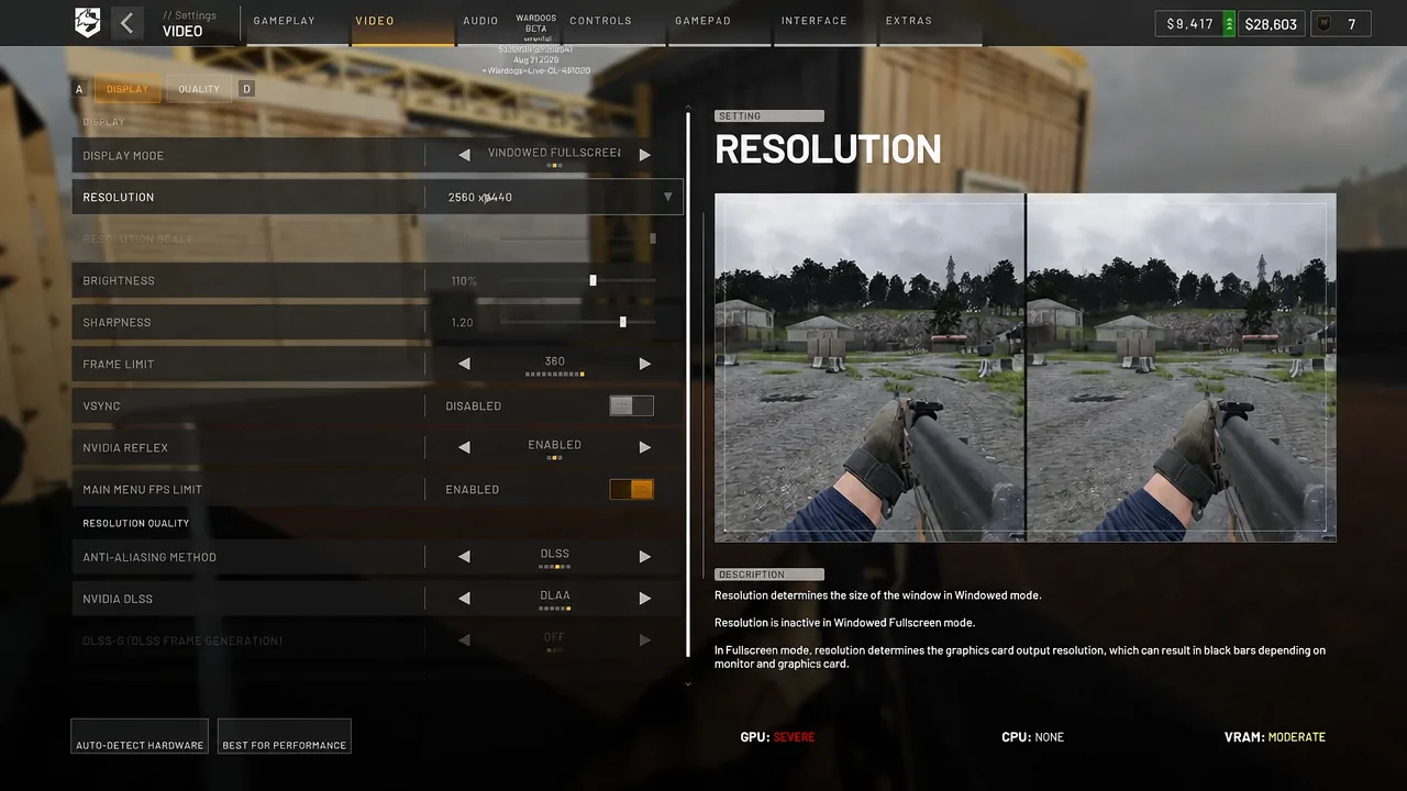 Video settings screen with the Resolution field highlighted for picking a display resolution
