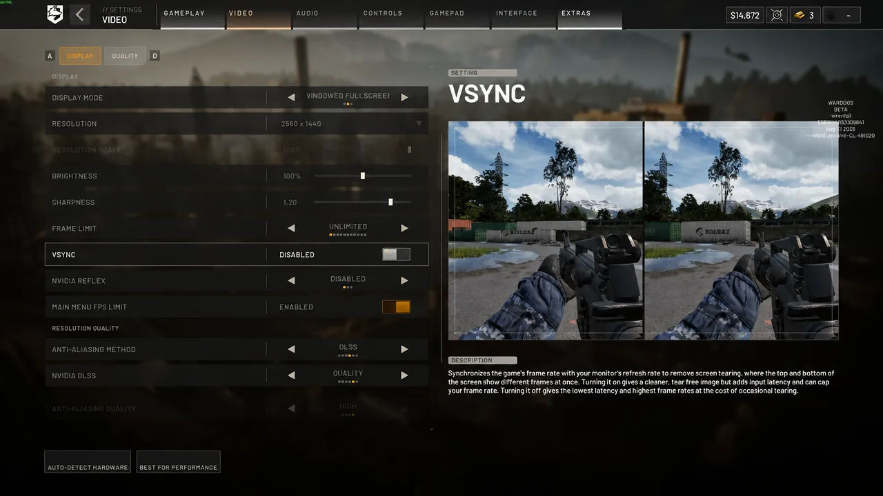 Display tab of the Video menu with VSync highlighted and switched off