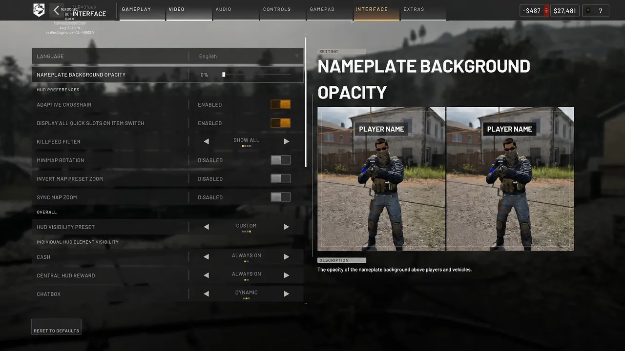 Interface settings with Nameplate Background Opacity highlighted and its slider at 0 percent