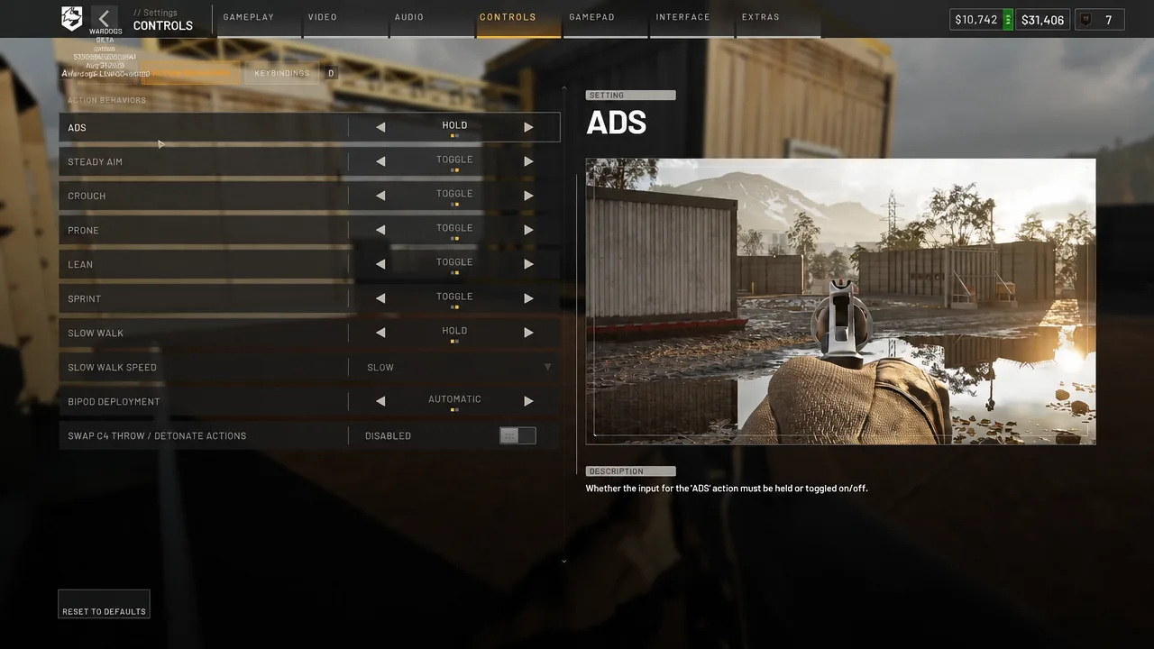 Controls screen with the ADS behavior highlighted and set to Hold