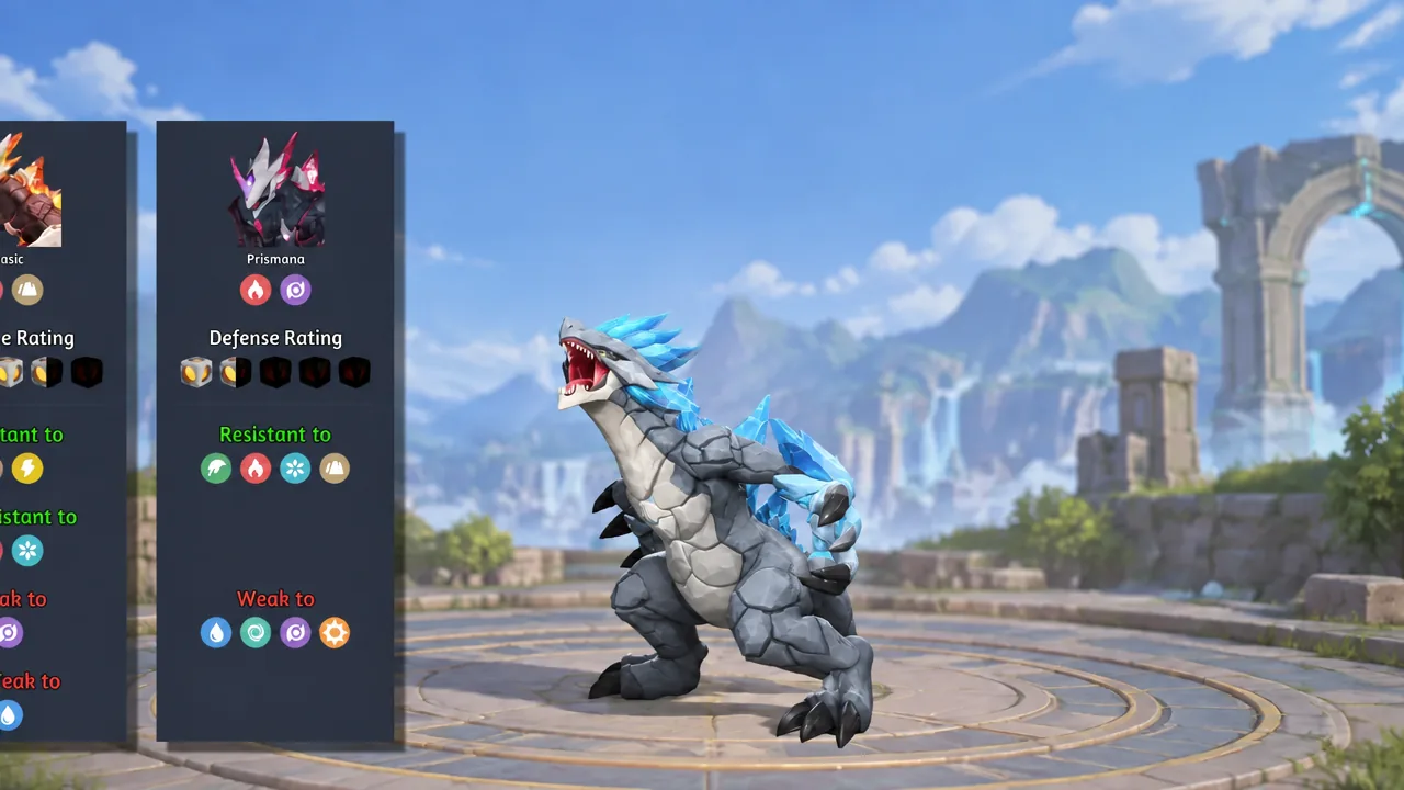 Aniimo details panel listing a creature's Defense Rating with its resistant and weak elements