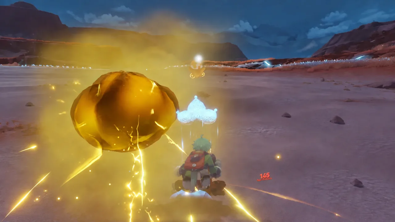 Aniimo combat against a large glowing golden enemy in an open arena