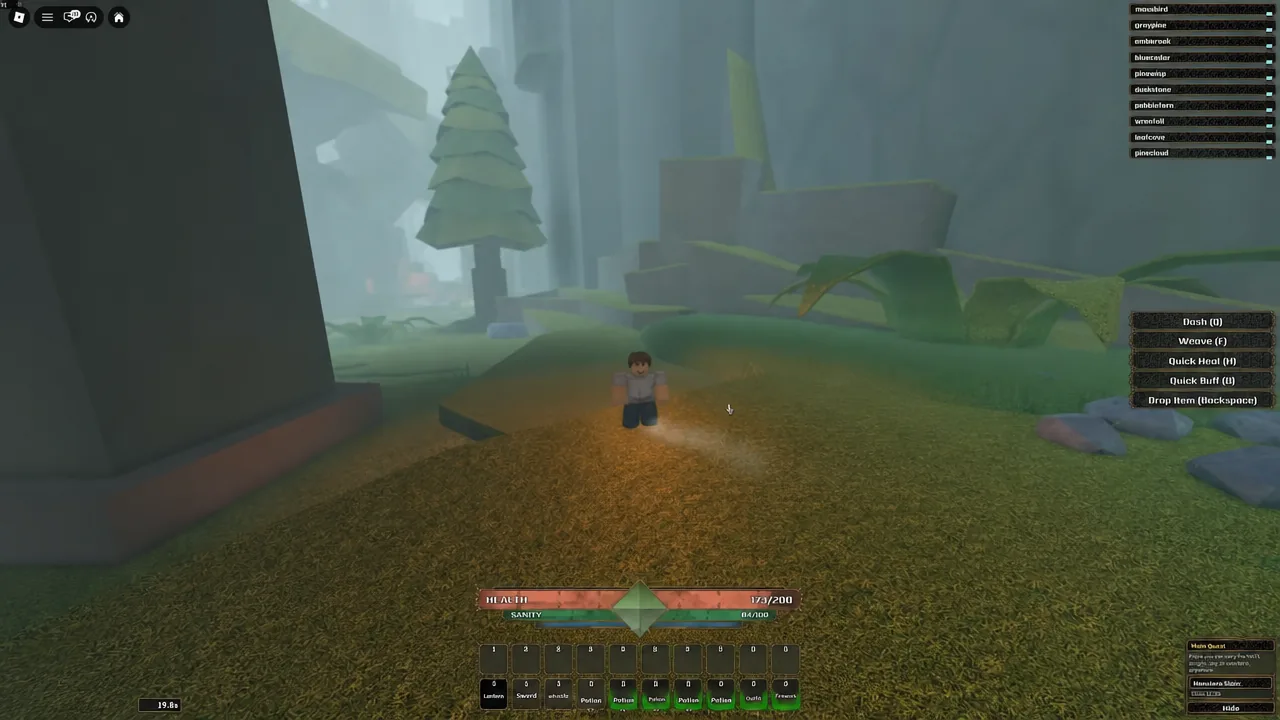 The Veil HUD showing the health and sanity bars, potion hotbar, player list, and action buttons