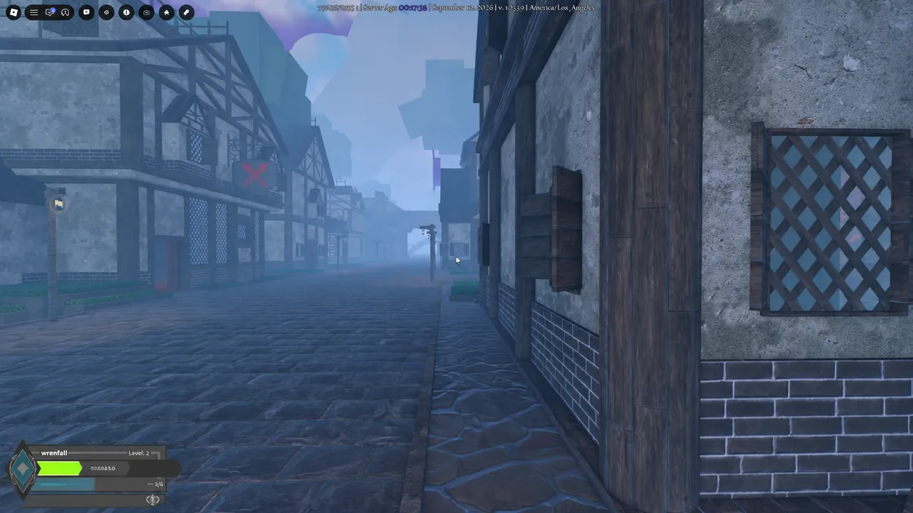Player walking a fog-covered cobblestone street in Arcane Lineage with the status HUD in the corner