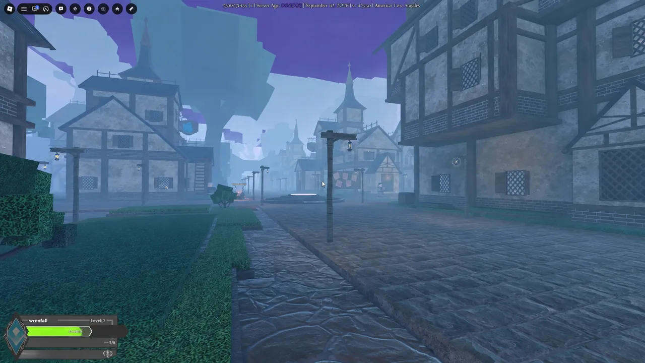 Foggy medieval town street in Arcane Lineage seen from behind the player character