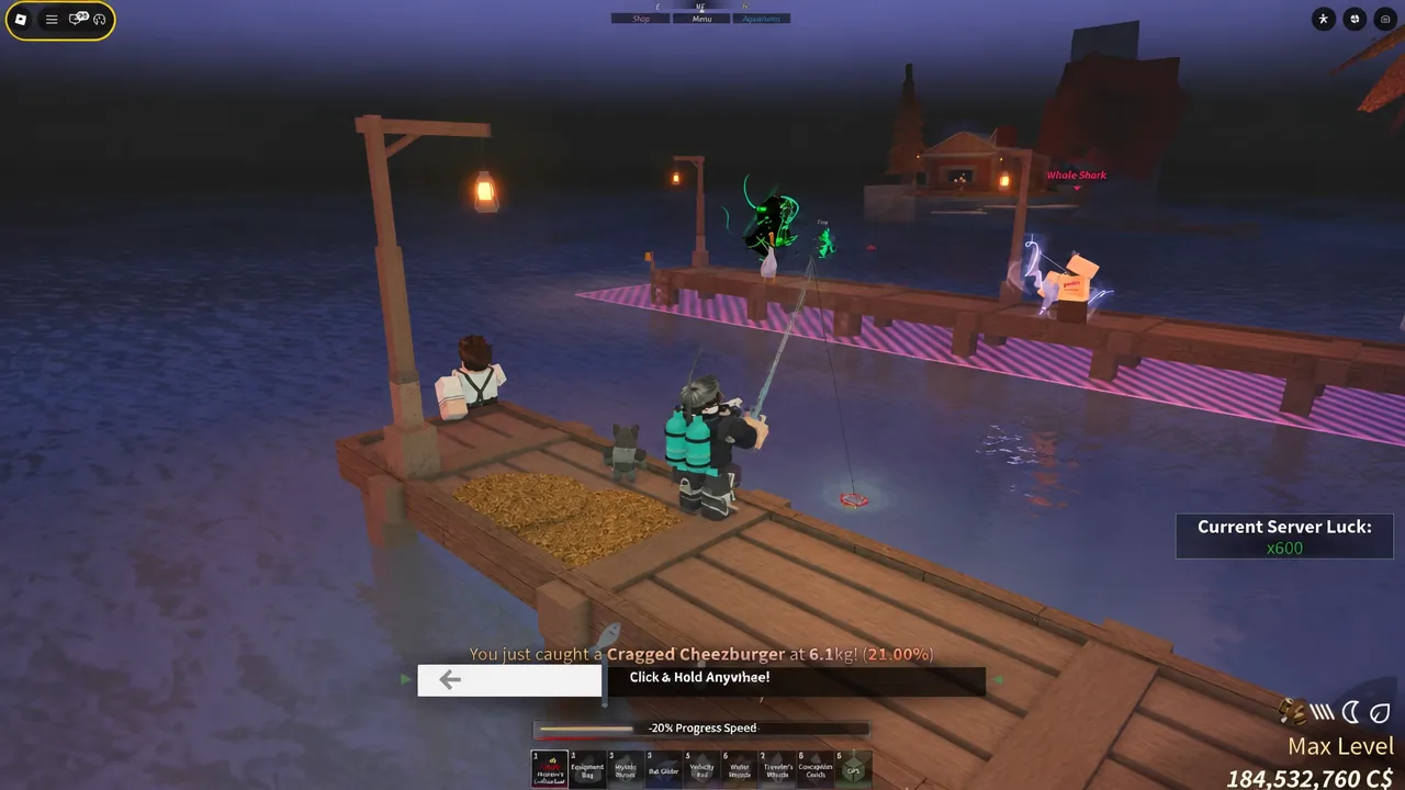 Reeling in a Cragged Cheezburger in Fisch with the click and hold prompt on screen