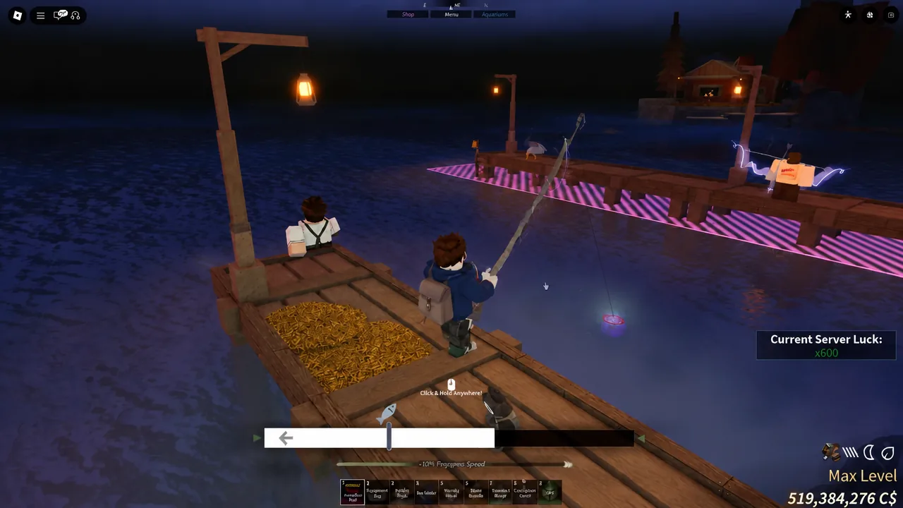Fisch reeling minigame with the Click and Hold Anywhere prompt above the progress bar