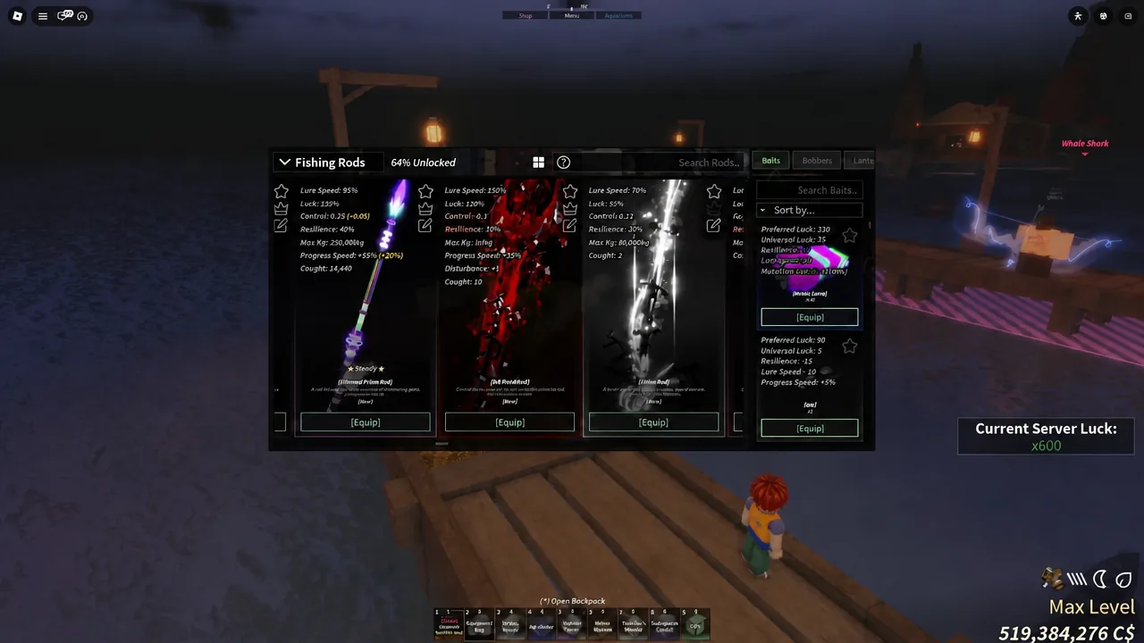 Fisch Fishing Rods menu open on the Baits tab with an Equip button visible