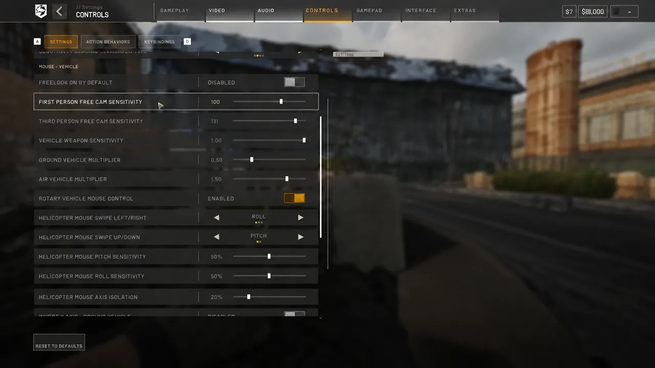 Controls settings tab with the First Person Free Cam Sensitivity slider selected