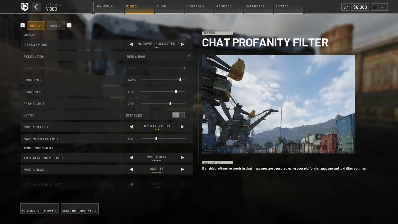 Video settings menu with display and graphics options open