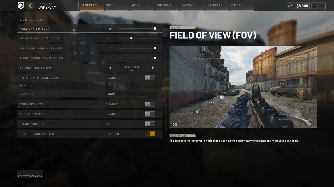 Gameplay settings with the Field of View slider being adjusted