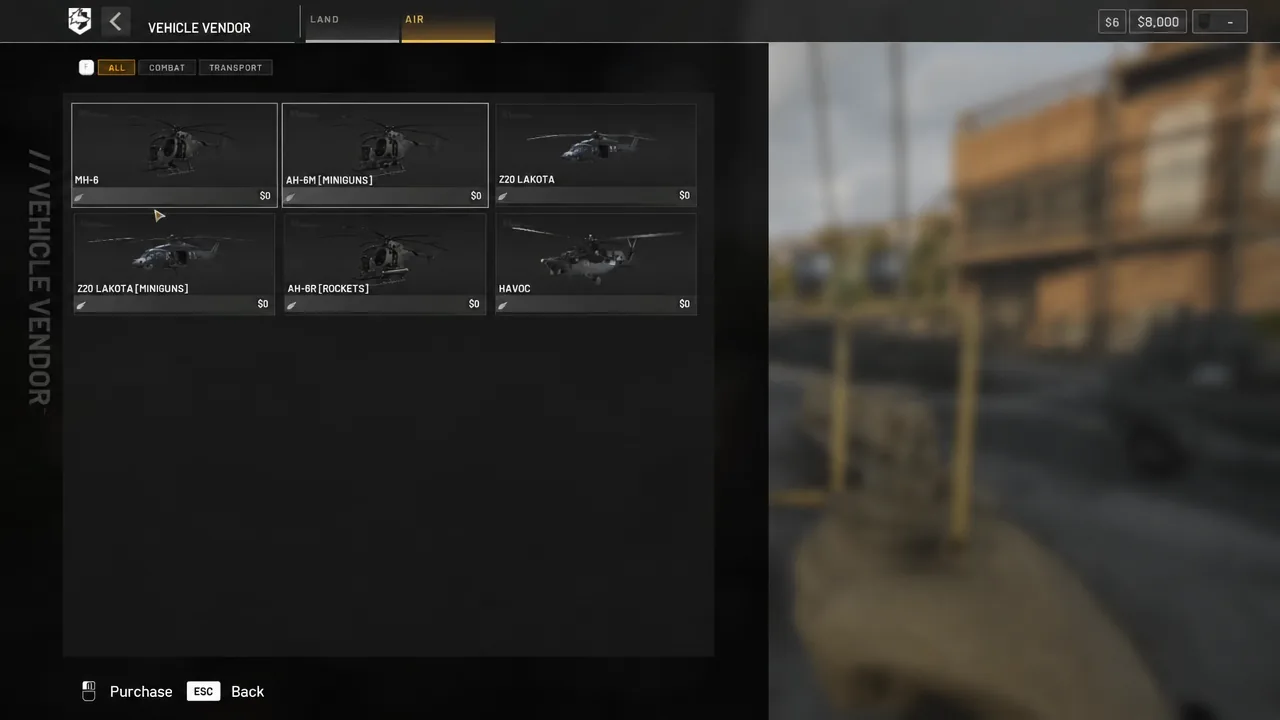 Vehicle Vendor menu with the Air tab selected and aircraft listed