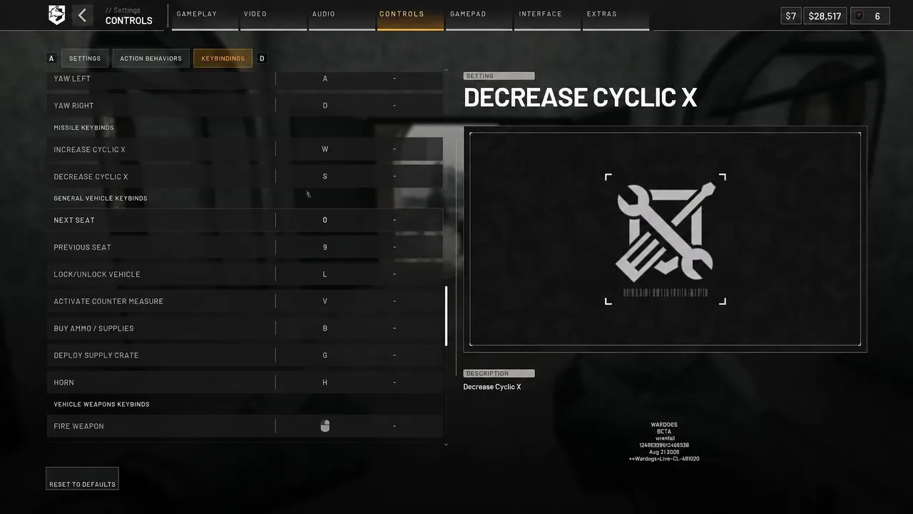 Keybindings tab showing Decrease Cyclic X bound to the S key