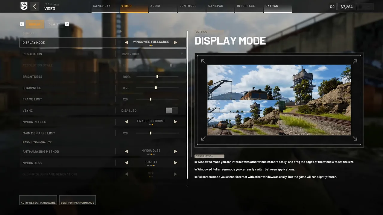 WARDOGS Video settings with the Display Mode row selected