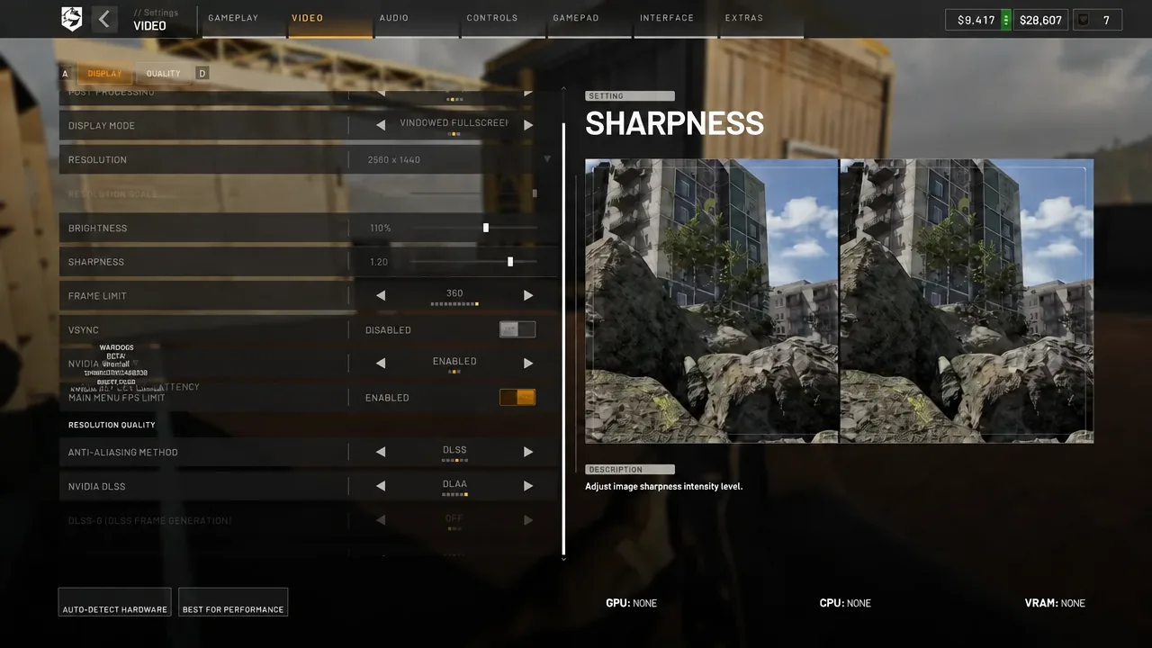 Sharpness slider set to 1.20 in the WARDOGS Video settings