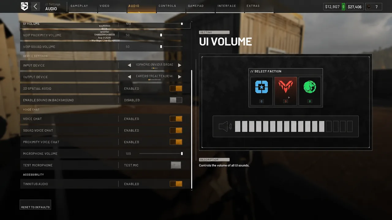 Audio settings screen with the UI Volume row highlighted
