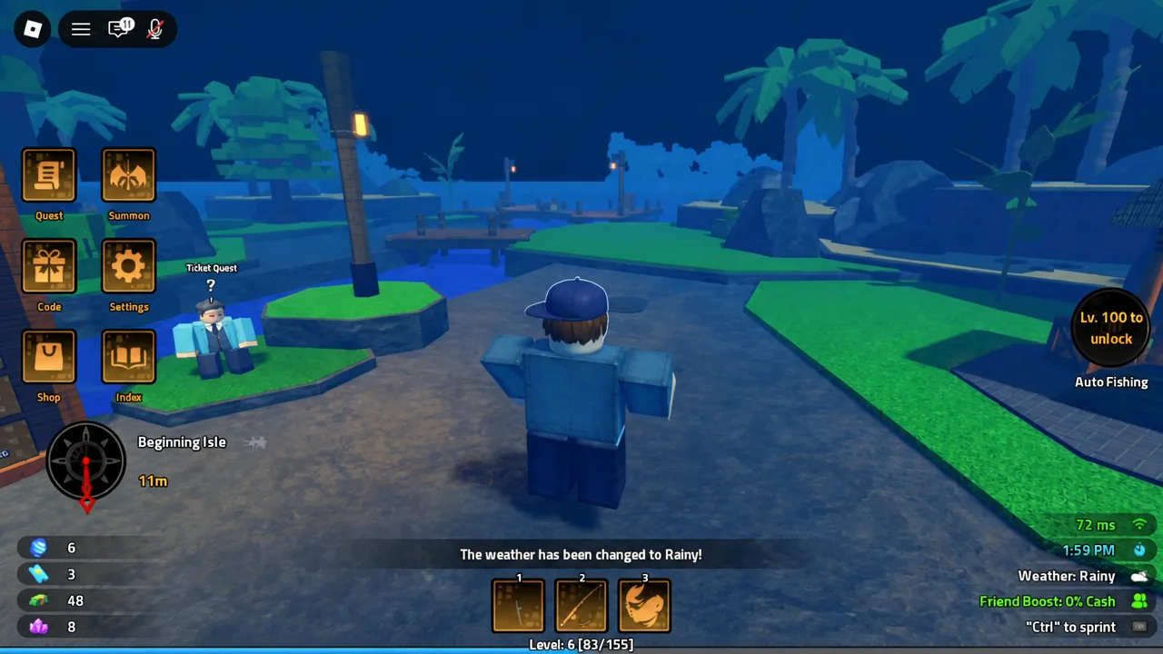 Player approaching the Ticket Quest NPC on Beginning Isle in Heavyweight Fishing