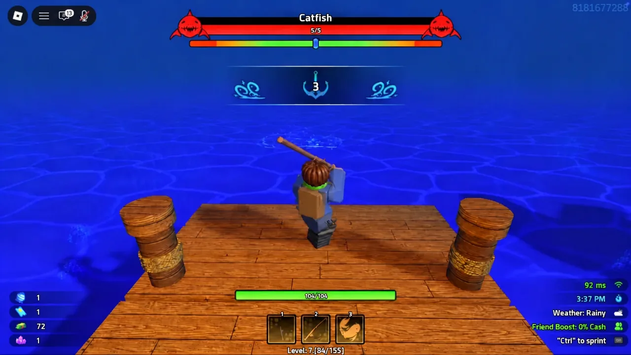 Catfish fishing encounter with the 5/5 catch gauge filled while fishing from the dock