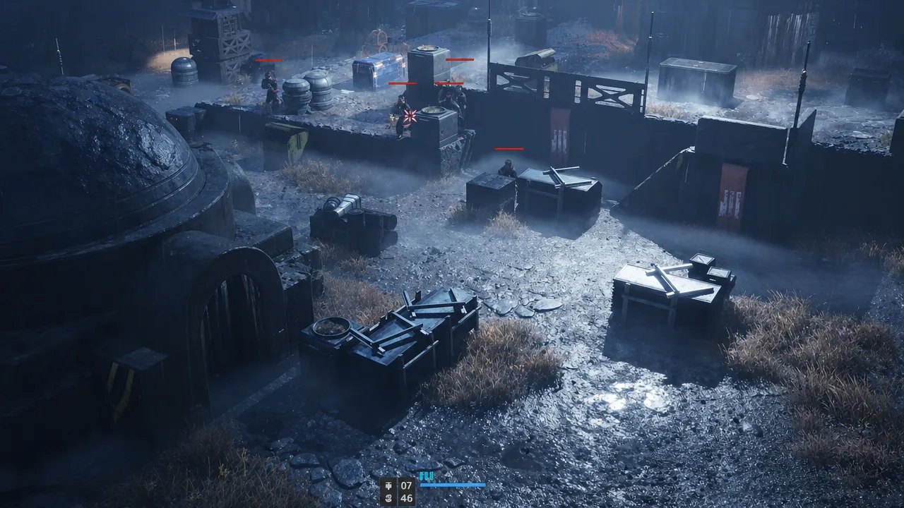 Red targeting crosshair lined up on an enemy taking cover during a firefight