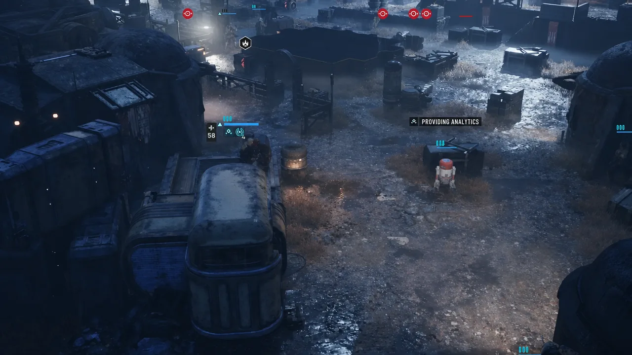Objective marker labelled PROVIDING ANALYTICS highlighting a device on the battlefield