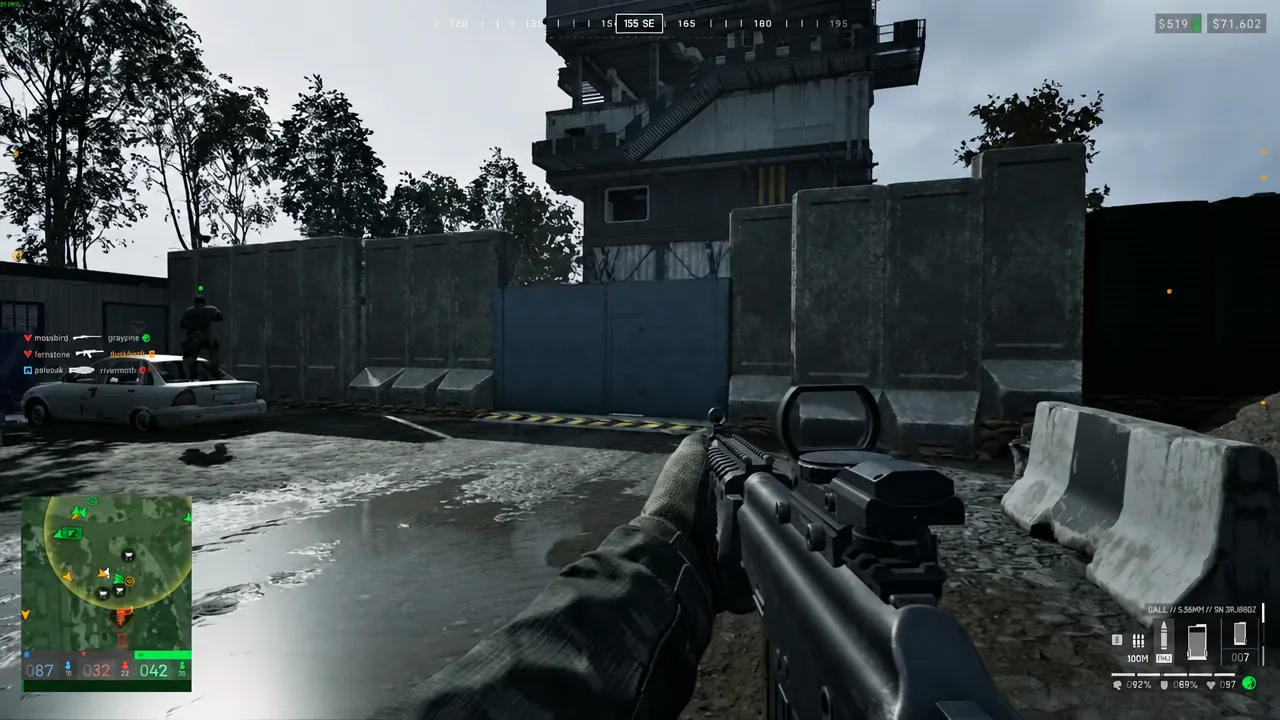 Player aiming a rifle toward a blue gate with a guard and car beside it