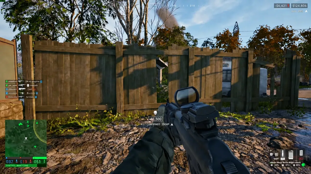 Kill Confirmed notification showing 250XP and $1,500 awarded after a rifle kill