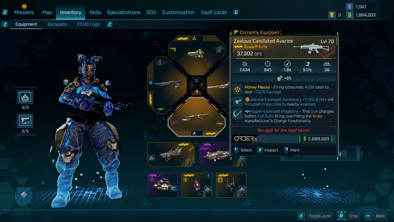 Inventory screen with the Zealous Canillated Avarice assault rifle equipped and its Money Please perk listed