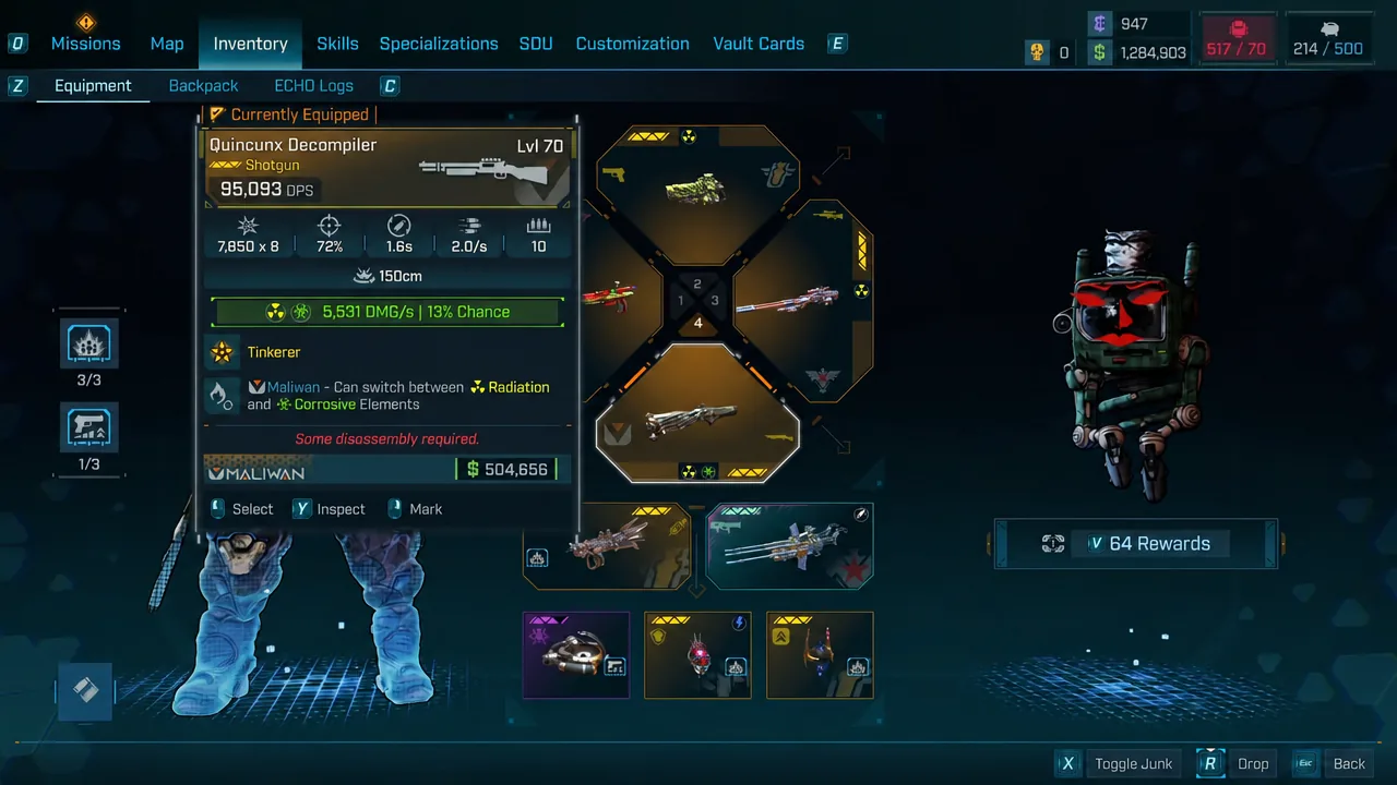 Equipment screen with the Quincunx Decompiler equipped, showing its damage stats and element switching