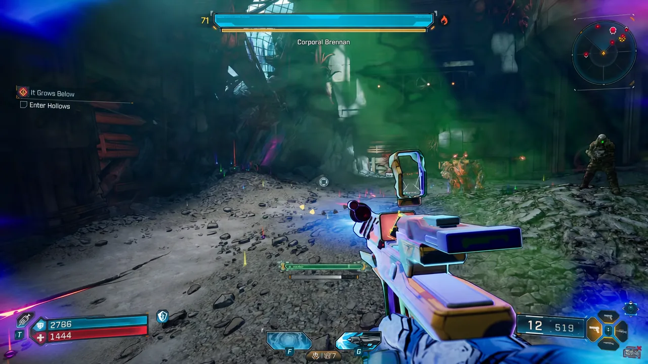 Firing at enemies during the It Grows Below objective with Corporal Brennan in the arena