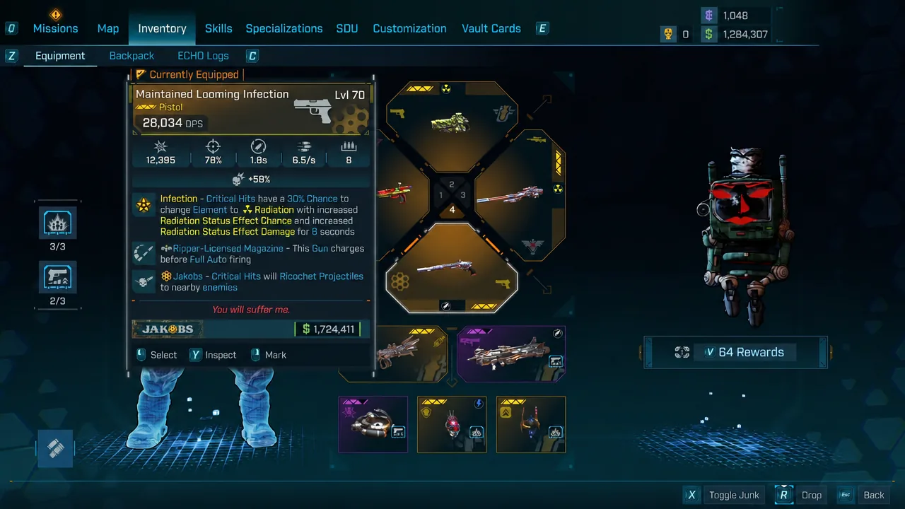 Equipment screen showing the Maintained Looming Infection pistol and its critical hit conversion perk