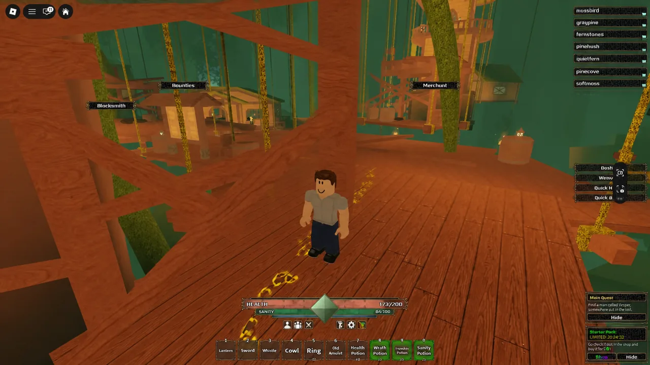 Player exploring the village in The Veil with a potion selected in the hotbar