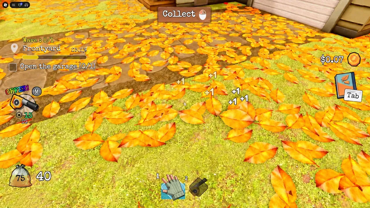 Frontyard cleanup with the Collect prompt active and the objective to open the garage