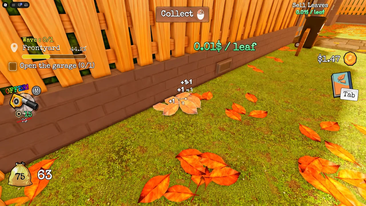 Collect button highlighted while gathering a pile of leaves in the Frontyard
