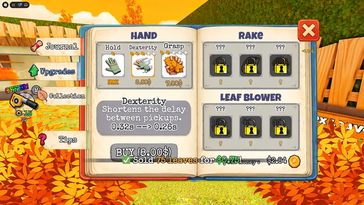 Journal Upgrades tab with Dexterity selected and its buy button highlighted