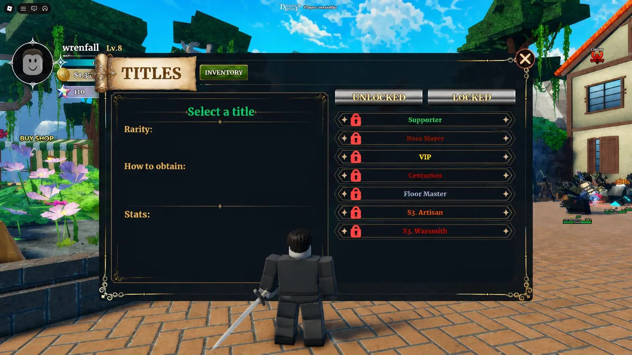 Titles menu Locked tab showing unearned titles including Supporter and Boss Slayer