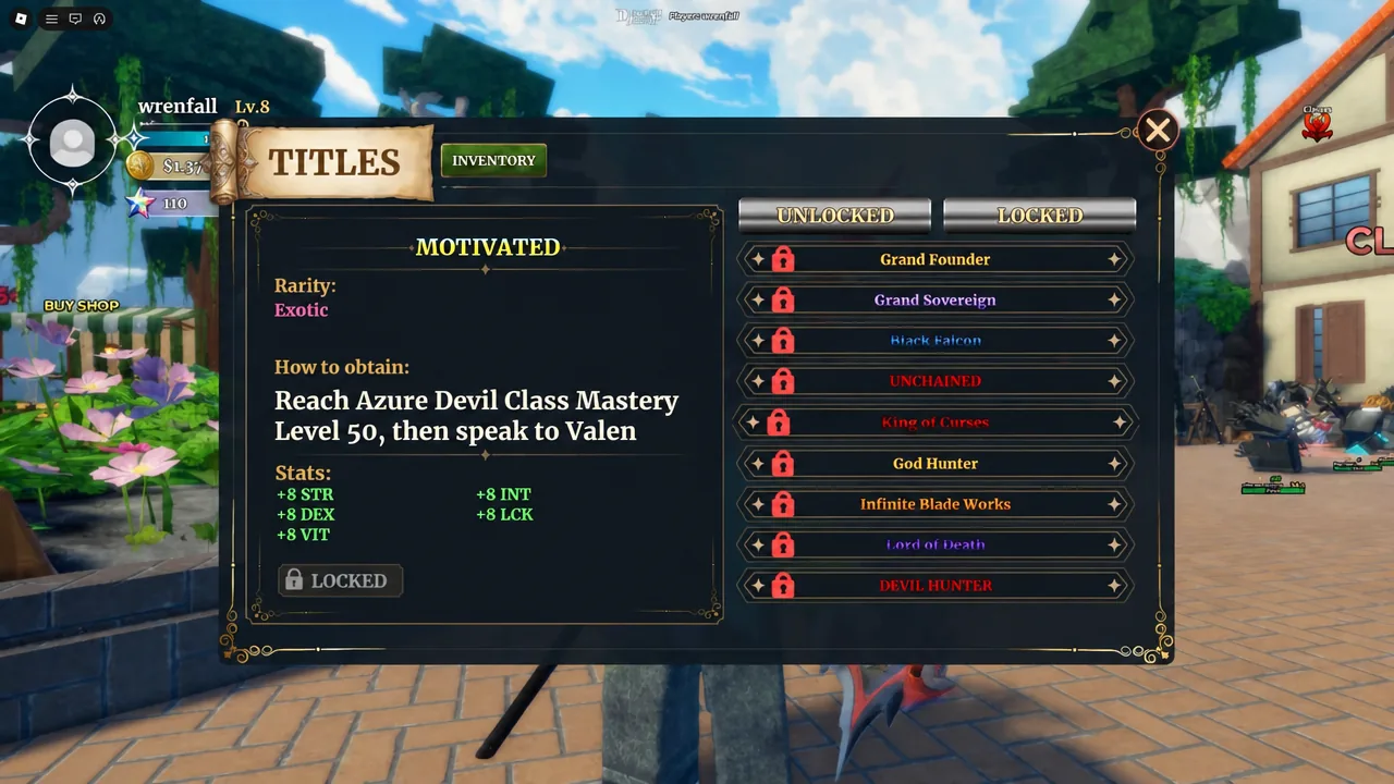 Titles screen showing the MOTIVATED title selected with its locked status and unlock requirement